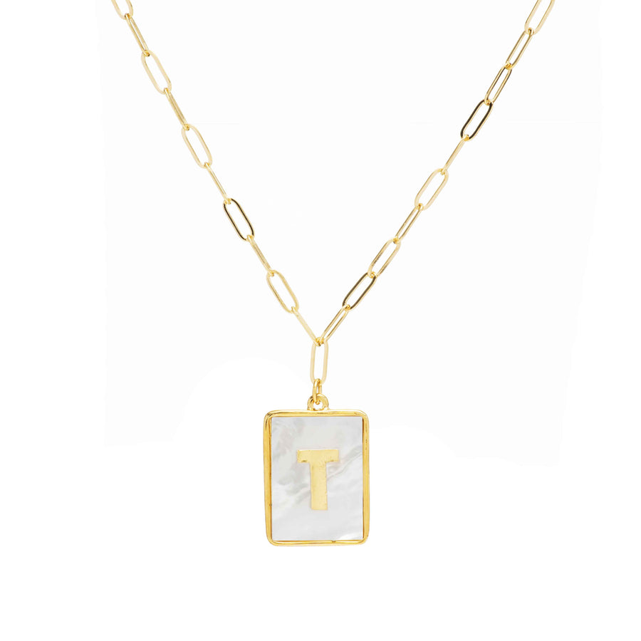Mother of Pearl Initial Paperclip Necklace