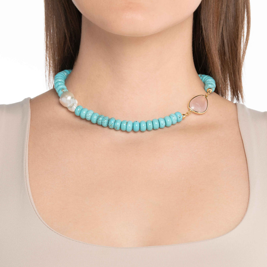 Pearl and Stone Necklace in Turquoise