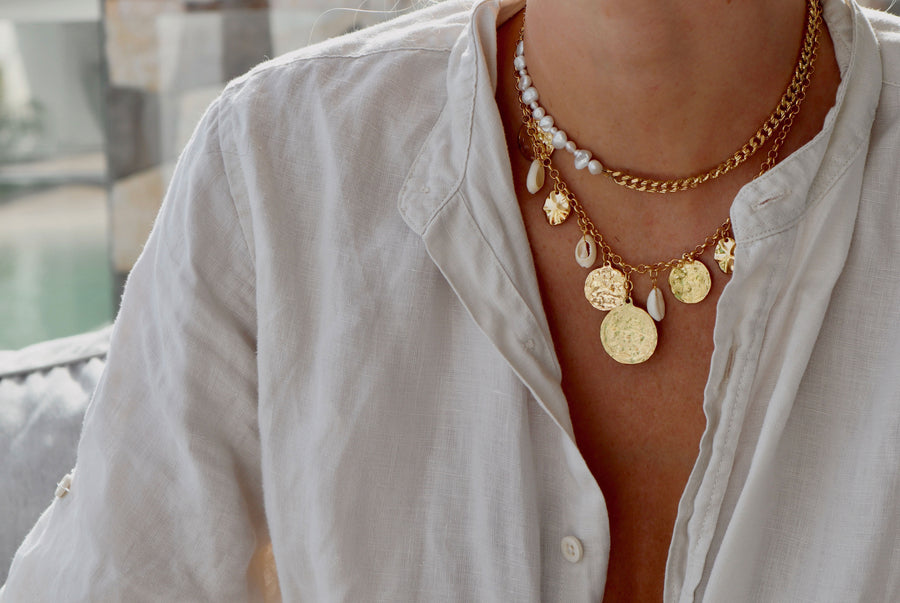 Rolo Chain Coin and Pearl Necklace