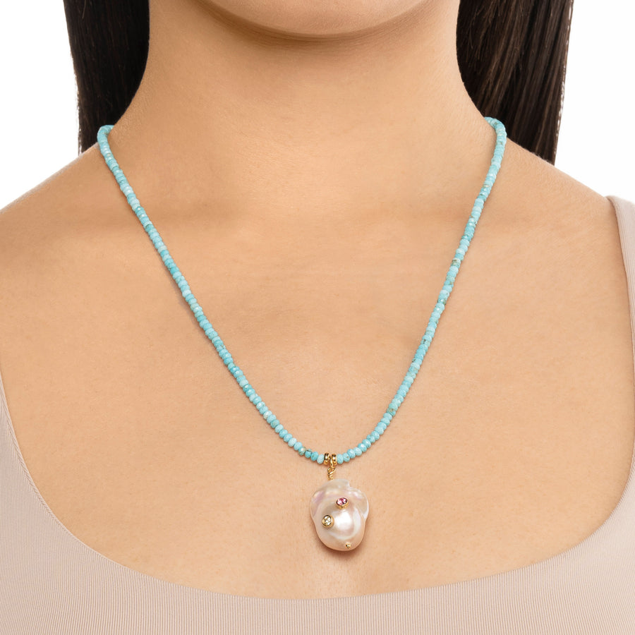 Embellished Baroque Pearl Necklace with Turquoise Beads