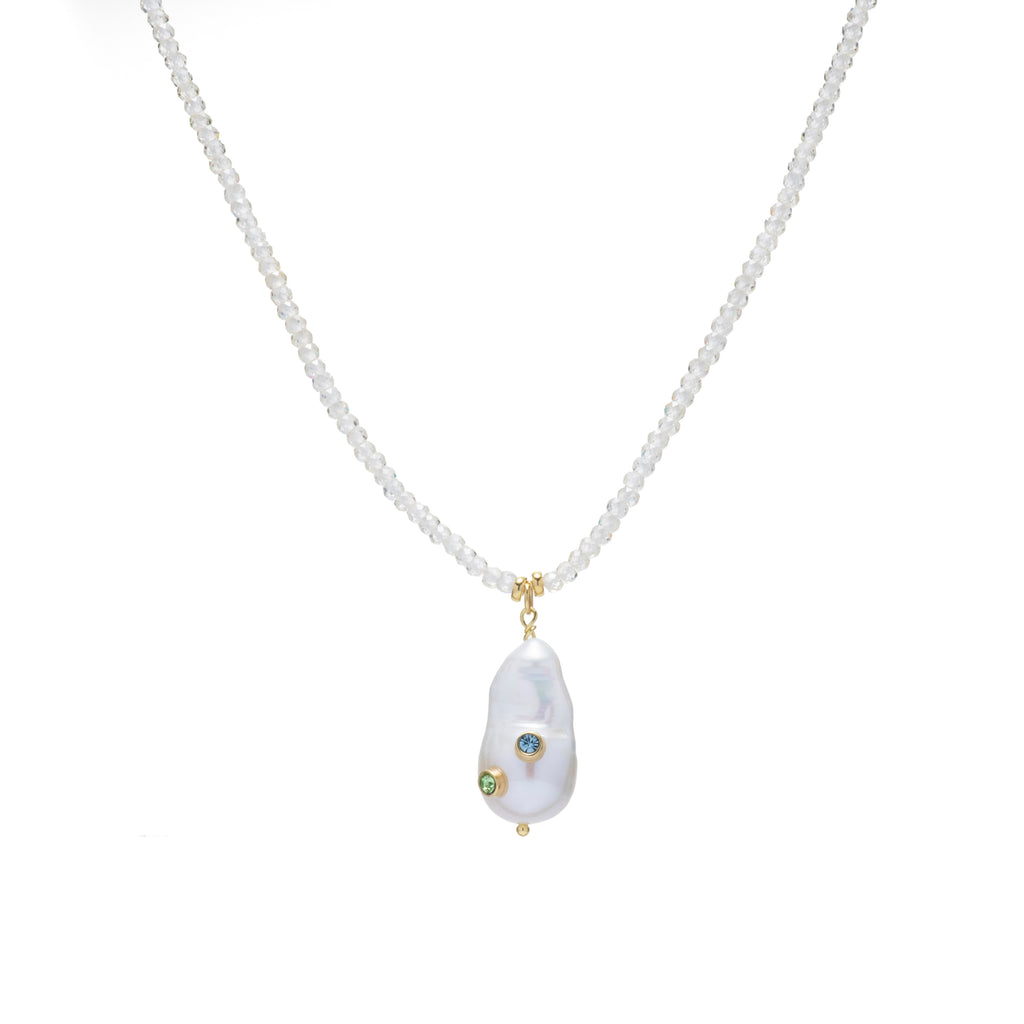 Embellished Baroque Pearl Necklace with White Zirconia Beads