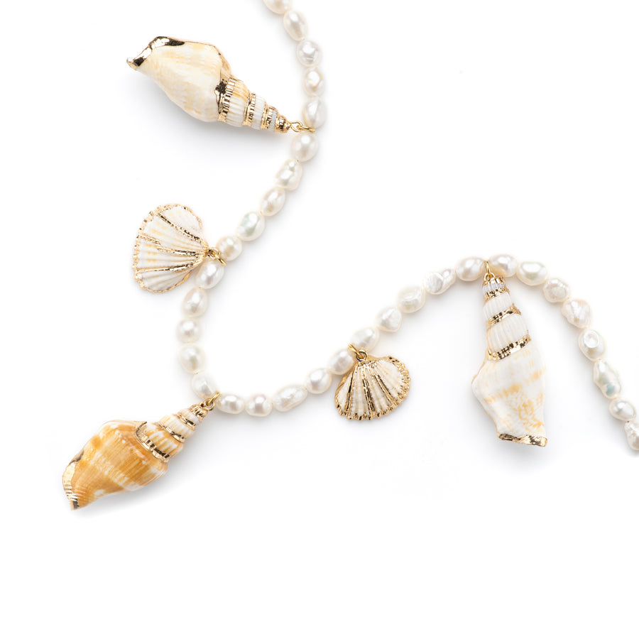 Real Seashell and Freshwater Pearl Beaded Necklace White Shell