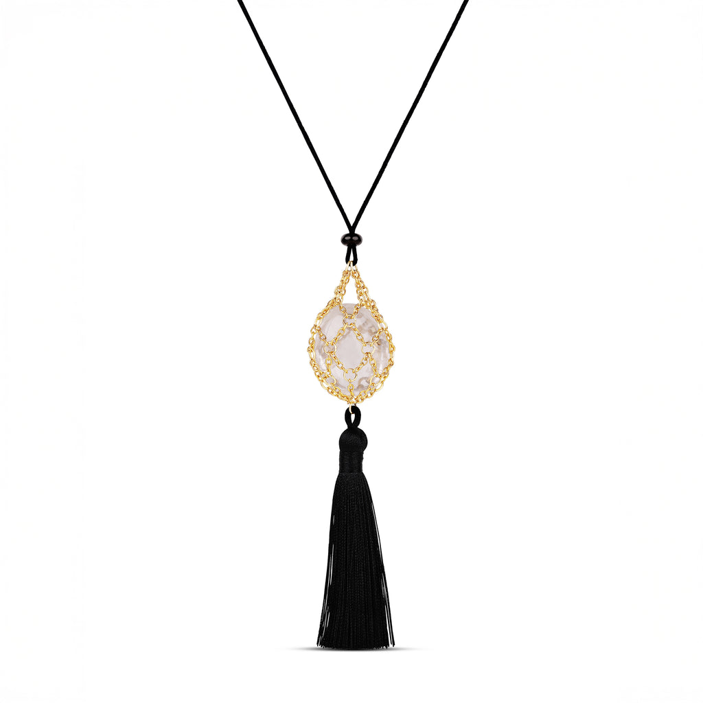Crystal Net Tassel Necklace Gold