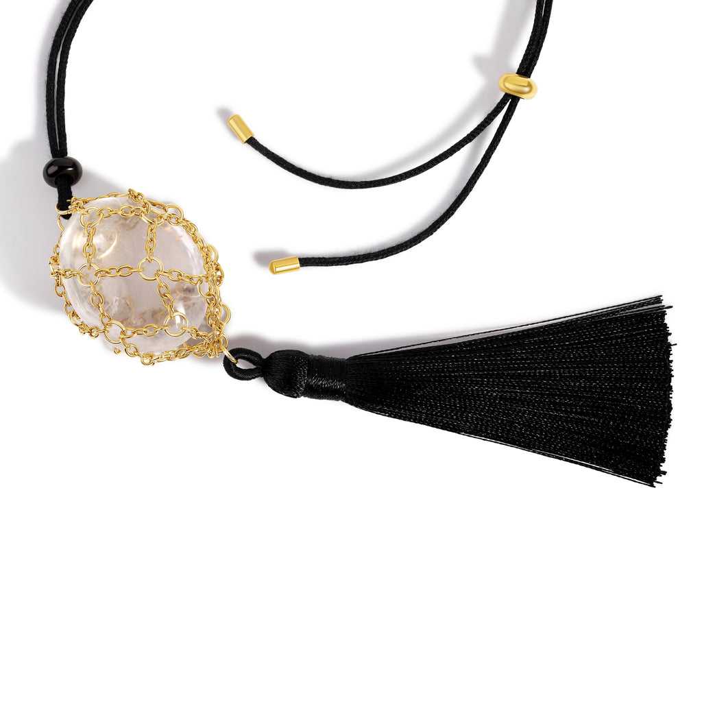 Crystal Net Tassel Necklace Gold