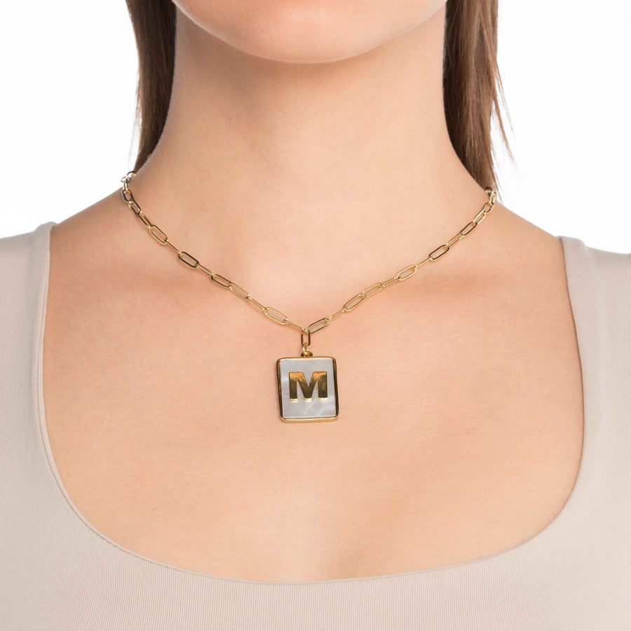 Gold Hexagon Mother of Pearl Letter Pendant Necklace - Gold Filled Cha –  The Cord Gallery