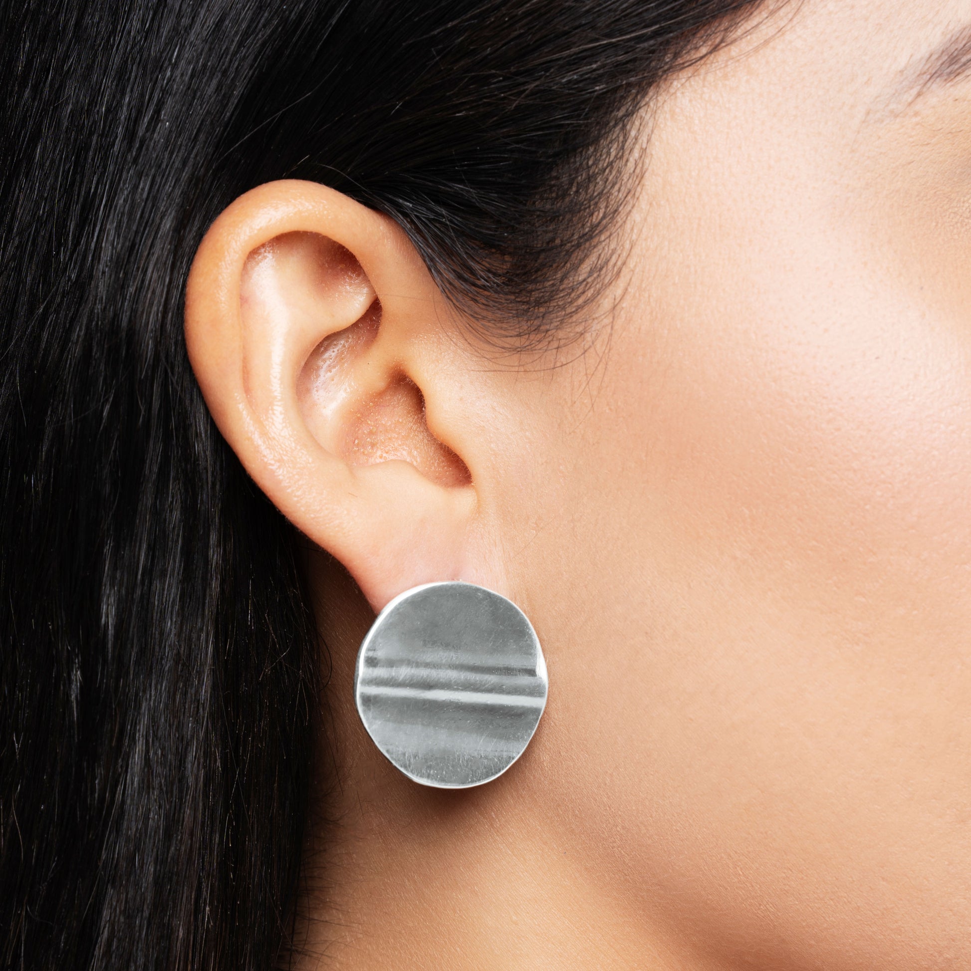 Silver Flat Circle Statement Earrings