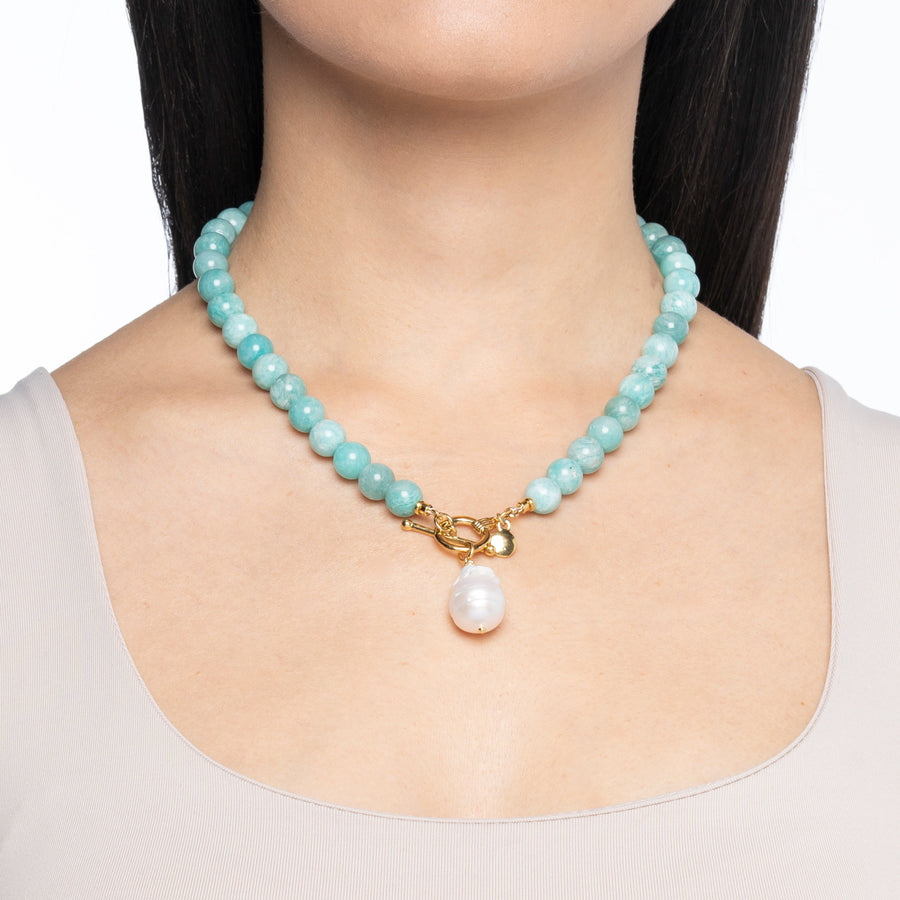 Amazonite Beaded Necklace With Baroque Pearl 4