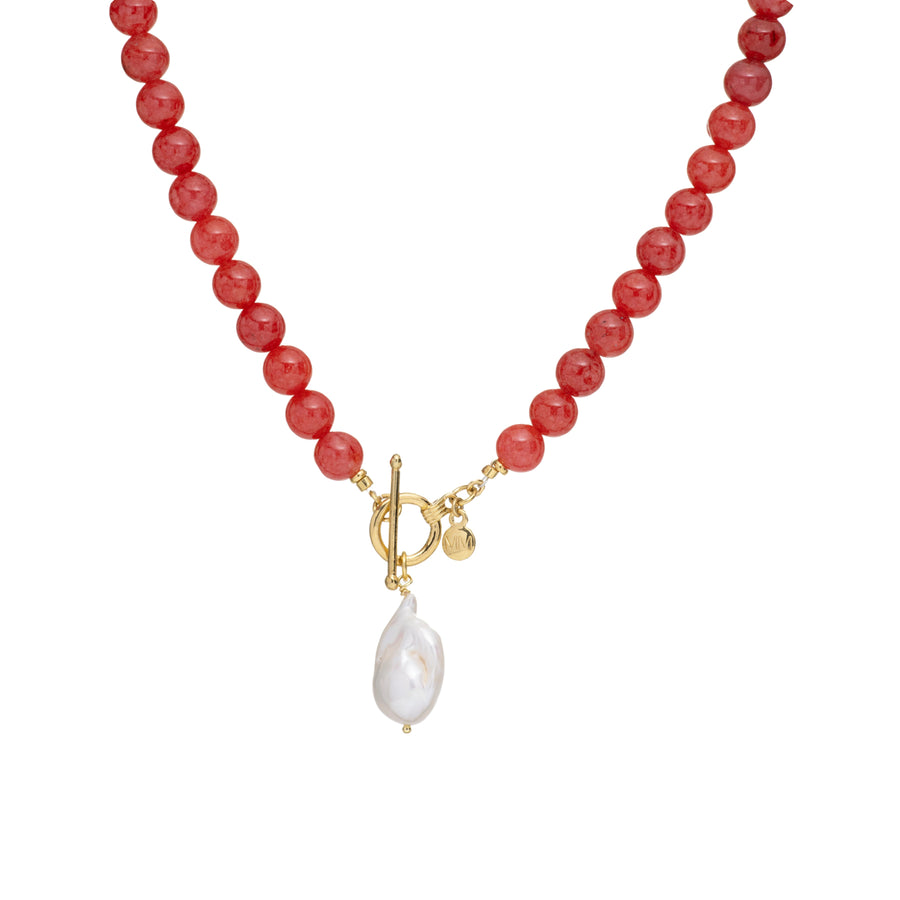 Cherry Quartz Beaded Necklace With Baroque Pearl 1