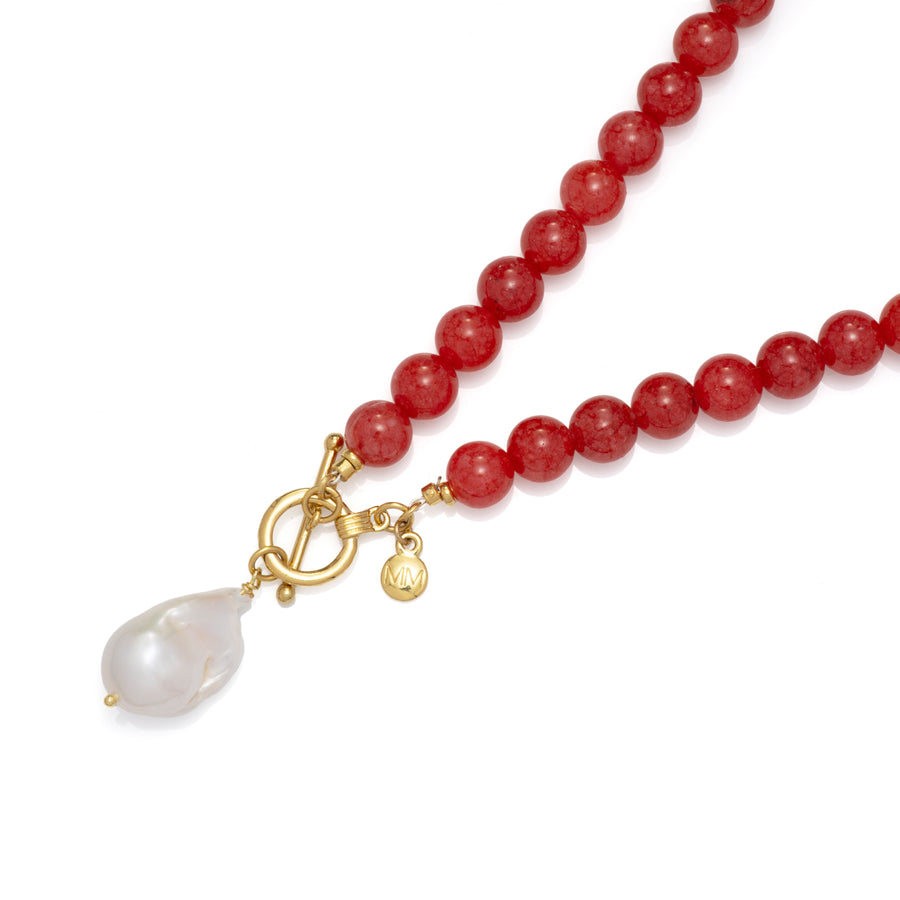 Cherry Quartz Beaded Necklace With Baroque Pearl 2