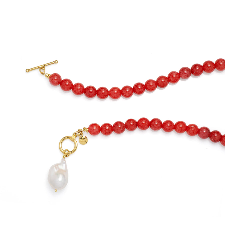 Cherry Quartz Beaded Necklace With Baroque Pearl 3