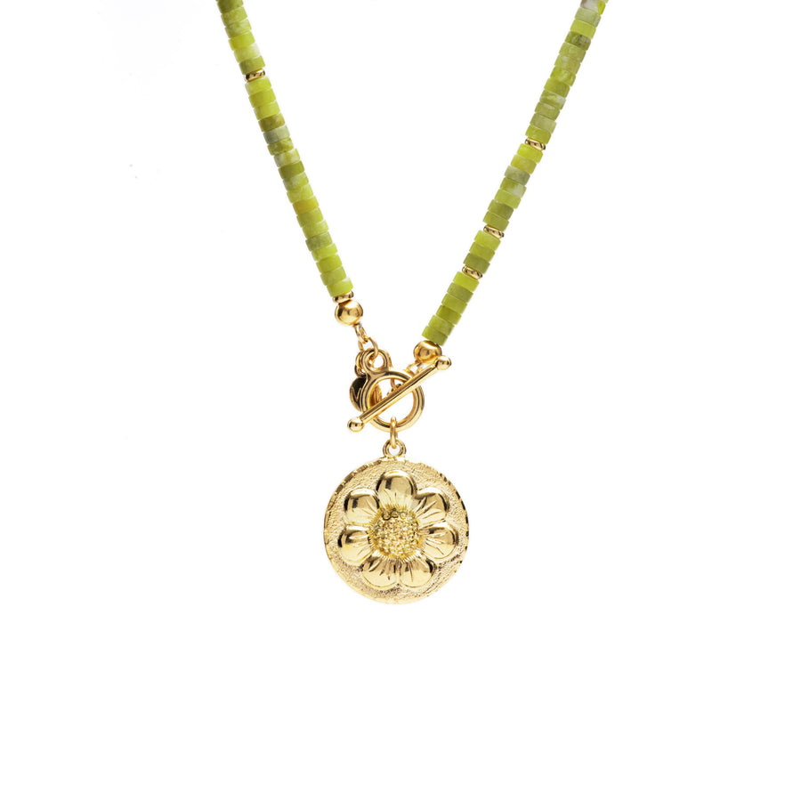 Green Jade Beaded Flower Pendant Necklace