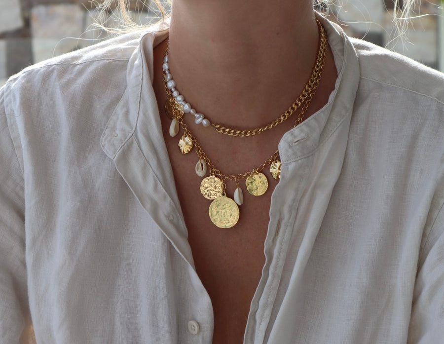 Rolo Chain Coin and Shell Necklace